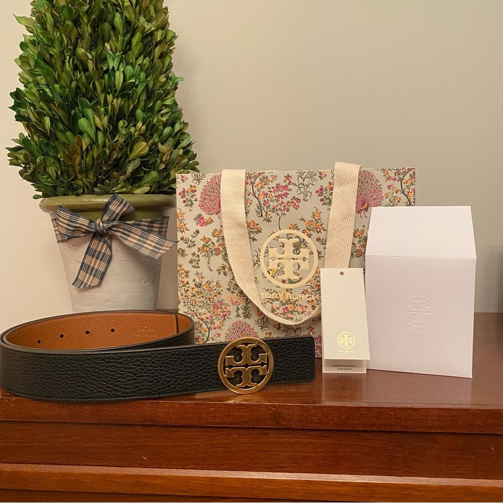 Tory Burch gently loved 1.5” Miller reversible belt - black/new cuoio (golden).